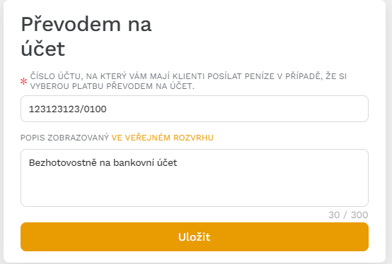 nastavení platby převodem na účet