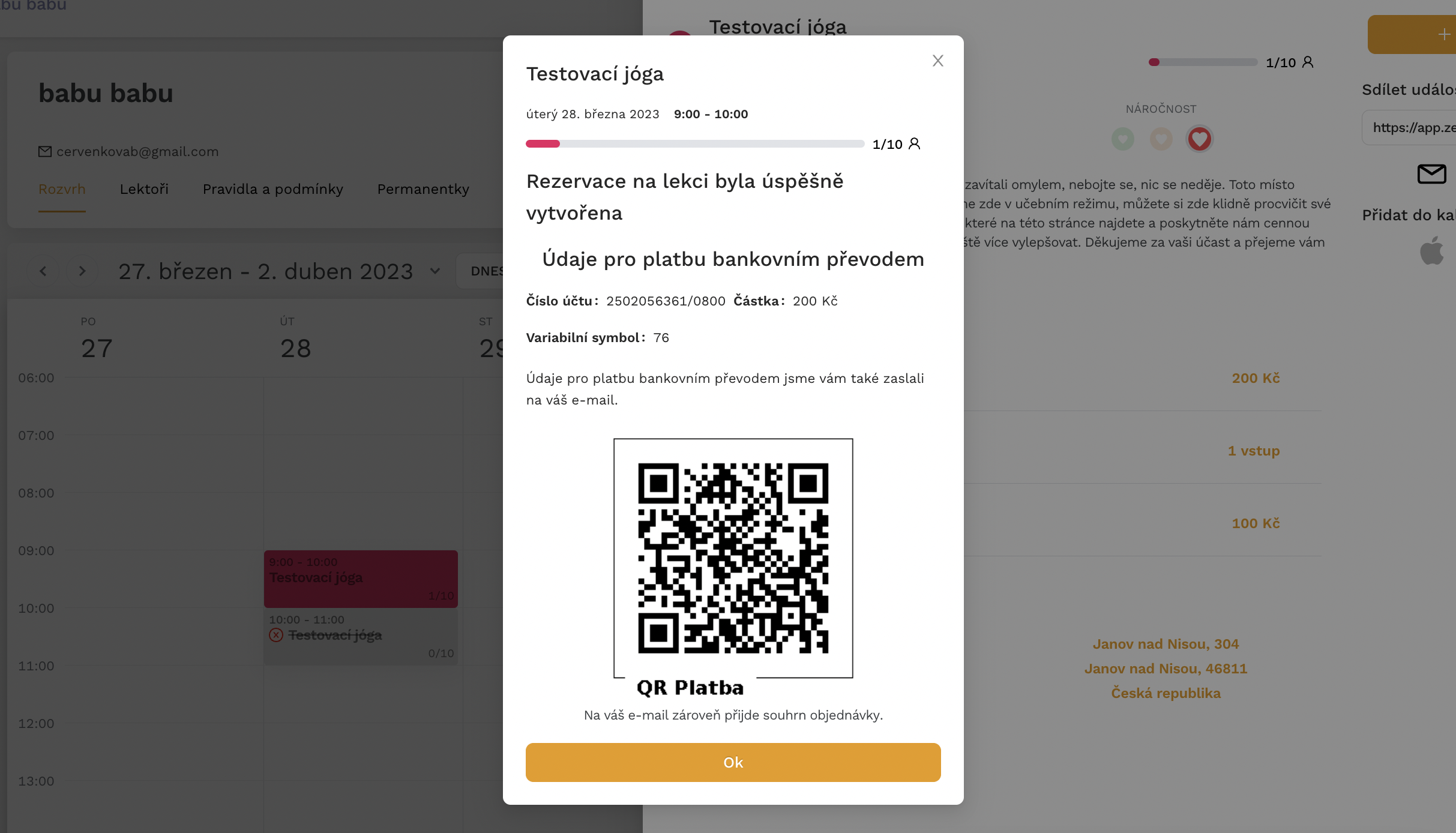 Platba rezervace na bankovní účet v Zenamu