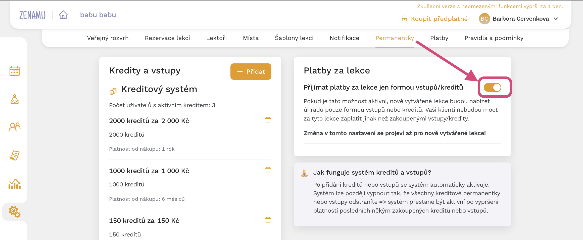 Platby za lekce pouze kredity