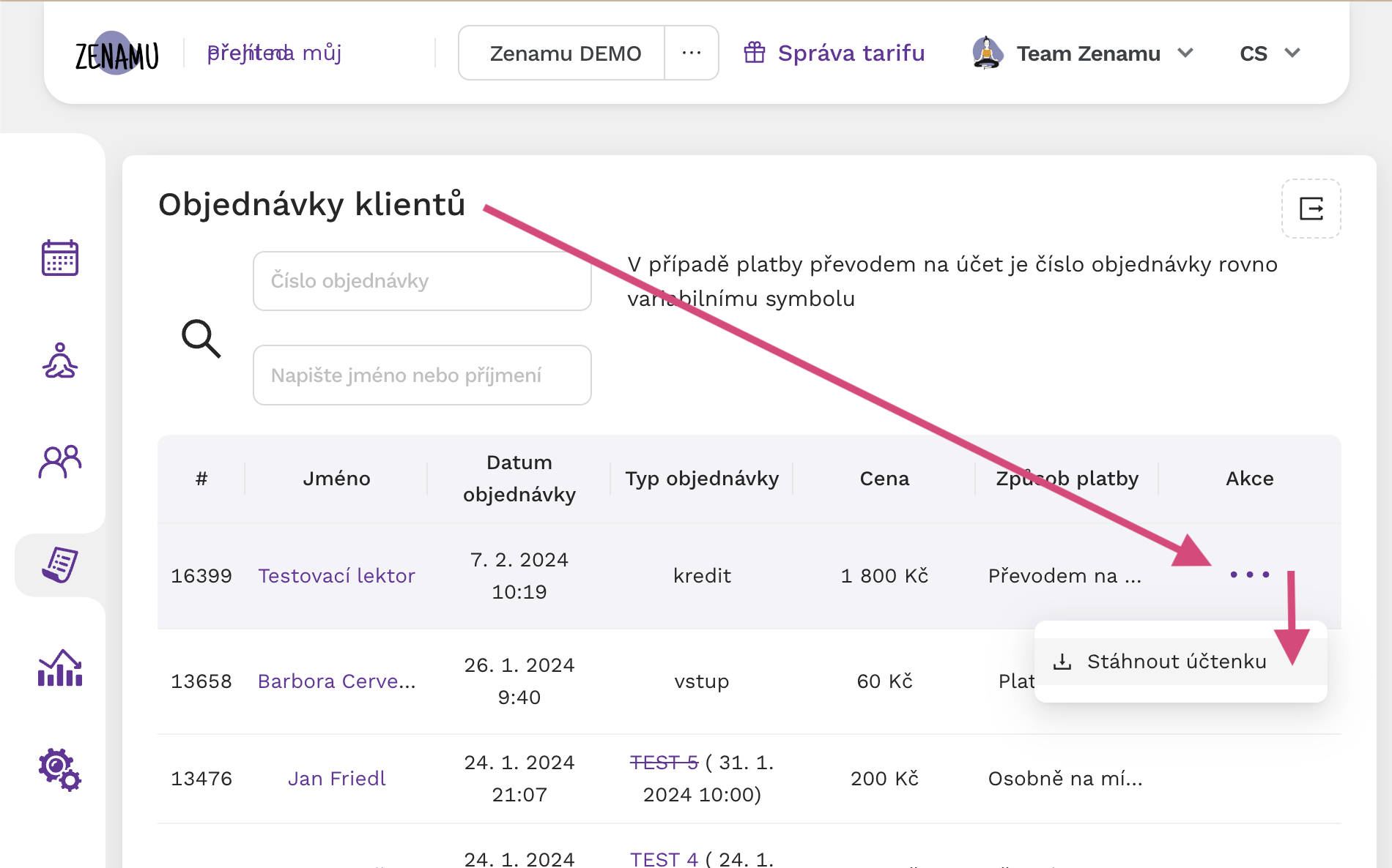 Stáhnout účtenku z pohledu studia