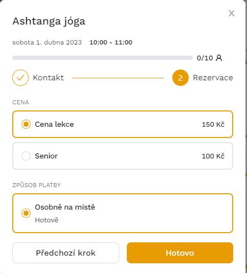 vytvoření rezervace na lekci z pohledu klienta - volba platby