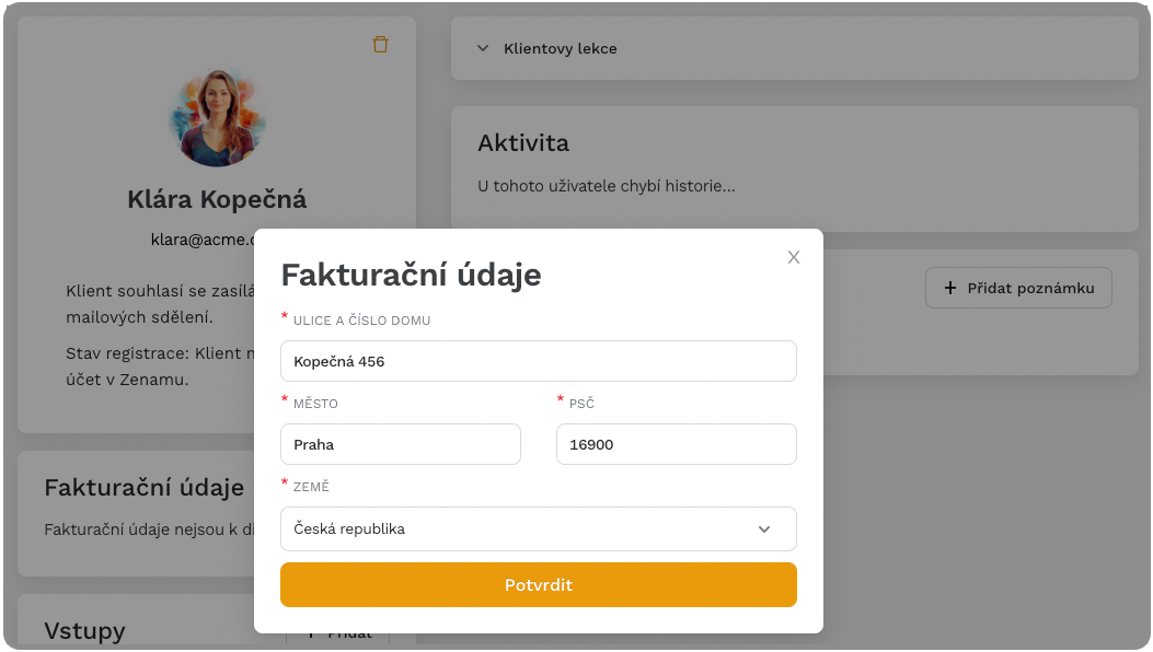 Fakturačné údaje klienta v rezervačnom systéme