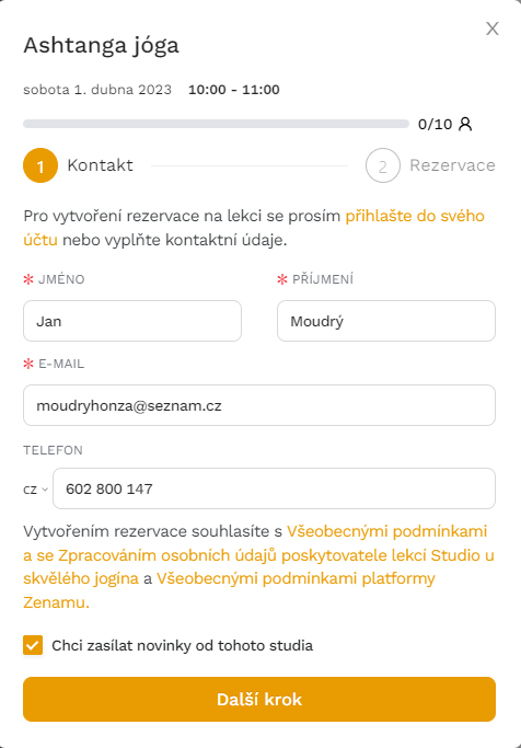 vytvoření rezervace na lekci z pohledu klienta